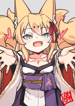 1girl :d animal_ear_fluff animal_ears bare_shoulders blonde_hair blush breasts chest_tattoo commentary_request fang fox_ears fox_girl fox_tail green_eyes grey_background hair_between_eyes hair_ribbon hakama hakama_skirt heart hug_invitation japanese_clothes jingai_modoki kimono kitsune long_hair looking_at_viewer mon-musu_quest! monster_girl multiple_tails neck_tattoo open_mouth outstretched_arms purple_hakama red_ribbon ribbon seal_impression shoulder_tattoo simple_background skin_fang skirt slit_pupils small_breasts smile solo tail tamamo_(mon-musu_quest!) tattoo white_kimono wide_sleeves