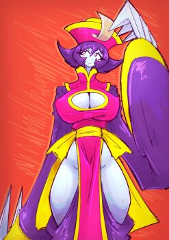 1girl 2025 absurdres alternate_breast_size_(larger) arm_at_side arm_up blue_skin blush_stickers bow breasts capcom chinese_clothes claw_(weapon) claws cleavage closed_mouth clothing_cutout collarbone colored_skin commentary darkstalkers dress english_commentary flipped_hair ghost groin hat head_tilt highres hip_vent hsien-ko huge_breasts jiangshi legs_together long_sleeves looking_at_viewer mandarin_collar mokkoyu narrow_waist ofuda pants pink_hat purple_hair purple_pants qingdai_guanmao sash short_hair sideways_glance smile standing straight-on taut_clothes thick_thighs thighhighs thighs waist_bow weapon wide_sleeves yellow_bow yellow_eyes yellow_sash yellow_trim