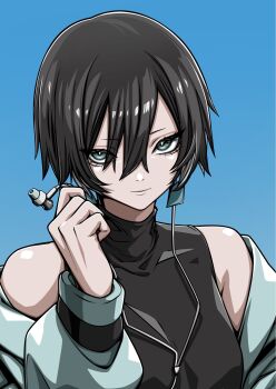 1girl ado_(utaite) black_hair black_shirt blue_background blue_eyes blue_jacket commentary_request earphones egoist_tosummer hair_between_eyes highres jacket long_sleeves off_shoulder shirt short_hair simple_background sleeveless sleeveless_shirt solo upper_body yukue_shirezu_(ado)