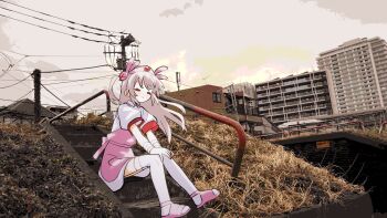 Rule 34 | 1girl, apron, blonde hair, building, commentary, dress, floating hair, hat, highres, long hair, natori sana, natori sana (nurse), nurse cap, outdoors, photo background, pink apron, pink slippers, puffy short sleeves, puffy sleeves, railing, red eyes, sana channel, shinbashi seiji, short sleeves, sitting, sitting on stairs, slippers, solo, stairs, thighhighs, transmission tower, virtual youtuber, white dress, white thighhighs