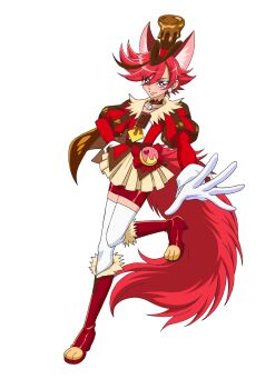 1girl absurdres animal_ears boots brown_cape brown_choker brown_hat cape choker cure_chocolat dog_ears dog_tail extra_ears full_body gloves hat highres jacket juliet_sleeves kenjou_akira kirakira_precure_a_la_mode long_sleeves looking_at_viewer magical_girl multicolored_hair official_art paw_shoes pleated_skirt precure puffy_sleeves red_boots red_eyes red_hair red_jacket red_shorts second-party_source short_hair shorts simple_background skirt smile solo standing standing_on_one_leg streaked_hair tail thighhighs top_hat transparent_background white_gloves white_thighhighs