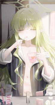 1girl absurdres achib bathroom blue_archive blush brushing_teeth buttons closed_eyes closed_mouth clothes_hanger collarbone convenient_censoring cup dot_nose elf facing_viewer flat_chest green_hair green_halo hair_between_eyes halo hands_up heart highres hikari_(blue_archive) holding holding_cup holding_toothbrush indoors loli long_hair long_sleeves mirror_image mug naked_shirt navel no_panties off_shoulder open_clothes open_pajamas pajamas pantyhose pointy_ears shirt sidelocks single_bare_shoulder sink sleeves_rolled_up solo standing straight_hair toothbrush towel unbuttoned unbuttoned_shirt unworn_pantyhose upper_body very_long_hair white_pantyhose wooden_door