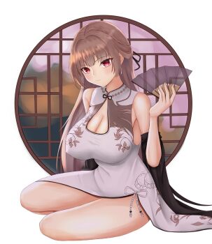 azur_lane blunt_bangs blush breasts brown_hair china_dress chinese_clothes cleavage cleavage_cutout clothing_cutout dress hand_fan highres holding holding_fan kdkaikai large_breasts long_hair looking_at_viewer red_eyes smile swiftsure_(azur_lane) swiftsure_(beauty_of_white_jade)_(azur_lane) very_long_hair white_dress