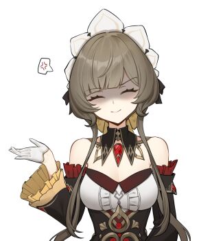 1girl anger_vein bare_shoulders black_background black_dress breasts brown_hair cleavage closed_eyes closed_mouth detached_collar detached_sleeves dress facing_viewer false_smile frilled_sleeves frills genshin_impact gloves hand_up highres jewelry laska_(572124034) long_hair long_sleeves maid_headdress sandrone_(genshin_impact) shaded_face short_hair_with_long_locks simple_background smile solo upper_body white_gloves