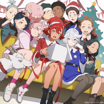 3boys 6+girls afro afro_puffs ahoge aliya_mahvash aqua_eyes asticassia_school_uniform black_footwear black_hair black_pantyhose blue_dress blue_eyes blue_hair blue_headwear blunt_bangs bowl_cut box braid brown_eyes brown_hair christmas_tree chuatury_panlunch closed_eyes couch dress freckles fur-trimmed_dress fur-trimmed_headwear fur_trim gift gift_box goat green_headwear green_jacket green_shorts grey_eyes grey_hair gundam gundam_suisei_no_majo hair_between_eyes hair_ornament hand_to_own_mouth hat head_on_hand holding holding_box jacket lilique_kadoka_lipati long_sleeves martin_upmont miorine_rembran multiple_boys multiple_girls nika_nanaura nuno_kargan official_art ojelo_gabel open_mouth opening pantyhose parted_bangs pink_hair ponytail red_hair red_headwear red_ribbon ribbon santa_costume santa_hat school_uniform short_ponytail shorts sitting smile suletta_mercury sweatdrop swept_bangs teeth thick_eyebrows till_nys twin_braids tycho_(gundam) upper_teeth_only white_footwear white_shorts