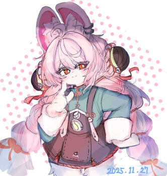 1girl ahoge animal_ears black_skirt braid closed_mouth dated furry furry_female green_jacket hosakana jacket long_hair looking_at_viewer pink_fur pink_hair rabbit_ears rabbit_girl red_eyes skirt smile solo twin_braids very_long_hair zenless_zone_zero zhao_(zenless_zone_zero)