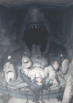 Rule 34 | 1girl, absurdres, black hair, blood, dead animal, highres, jacket, long hair, looking at viewer, lying, neg (101neg), on back, original, red eyes, shark, solo, white jacket