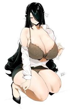 1girl absurdres azuma_fubuki bare_legs black_hair black_shoes black_skirt bra braid breasts brown_bra brown_eyes brown_panties cleavage collared_shirt commentary_request dress_shirt full_body glasses hair_over_one_eye half_up_braid high_heels highres huge_breasts light_smile long_hair mato_seihei_no_slave miniskirt panties pantyshot parted_lips partially_open_shirt partially_unbuttoned porroll shirt shirt_partially_removed shoes signature simple_background single_bare_shoulder single_off_shoulder skirt solo squatting underwear very_long_hair white_background white_shirt