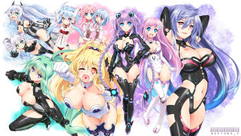 &gt;:) &gt;:d 10s 6+girls :d ;d ahoge aqua_eyes arms_up ass barcode bare_shoulders black_heart_(neptunia) black_legwear black_sister blanc_(neptunia) blonde_hair blue_eyes blue_hair blush bodysuit boots braid breasts center_opening cleavage cleavage_cutout clenched_hands clothing_cutout collar copyright_name covered_navel drill_hair female_focus full_body gradient_hair green_hair green_heart_(neptunia) hair_intakes hair_ornament hand_on_own_hip heart heart_in_mouth highres holding_hands huge_breasts interlocked_fingers iris_heart_(neptunia) kami_jigen_game_neptune_v large_breasts leotard long_hair mecha_musume multicolored_hair multiple_girls navel nepgear neptune_(neptunia) neptune_(series) noire_(neptunia) one_eye_closed open_mouth orange_eyes outstretched_arm panties pink_eyes pink_hair pish ponytail power_symbol power_symbol-shaped_pupils purple_eyes purple_hair purple_heart_(neptunia) purple_sister pururut ram_(neptunia) red_eyes revealing_clothes rom_(neptunia) shinozuka_atsuto siblings sidelocks sisters smile symbol-shaped_pupils thigh_boots thigh_gap thighhighs thong twin_braids twin_drills twins twintails underwear uni_(neptunia) v-shaped_eyebrows vert_(neptunia) very_long_hair white_hair white_heart_(neptunia) white_legwear wink yellow_heart_(neptunia)