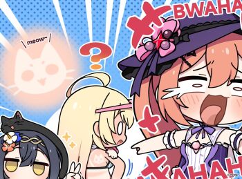 +++ 0_0 3girls :3 ? ahoge amber_(stella_sora) animal animal_on_head bikini black_cat black_hair blonde_hair blue_background blue_bikini blush breasts cat cat_on_head chibi chibi_only commentary copyright_notice double-parted_bangs english_commentary english_text flower hair_flower hair_ornament hat hibiscus jitome large_breasts laughing long_hair mistique_(stella_sora) multiple_girls noya_(lingering_sunlight)_(stella_sora) noya_(stella_sora) official_art on_head orange_hair pink_flower pinstripe_one-piece_swimsuit polka_dot polka_dot_background projected_inset purple_hat raised_inner_eyebrows stella_sora striped_bikini striped_clothes swimsuit tan tan_tattoo tanline tongue twintails v vertical-striped_bikini vertical-striped_clothes white_flower yellow_eyes