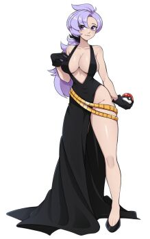 1girl alternate_breast_size_(larger) anabel_(pokemon) black_dress black_gloves black_shoes breasts cleavage closed_mouth commentary commission dress english_commentary full_body gloves hand_up holding holding_poke_ball large_breasts long_hair looking_at_viewer nintendo no_panties oninuer poke_ball poke_ball_(basic) pokemon pokemon_emerald pokemon_rse purple_eyes purple_hair shoes simple_background smile solo white_background