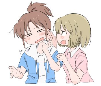 &gt;_&lt; 2girls blonde_hair blue_hoodie blush brown_hair buttons city_(arawi_keiichi) collared_shirt cropped_torso dot_nose from_side highres hood hood_down hoodie medium_hair multiple_girls nagumo_midori niikura_(city) open_clothes open_hoodie open_mouth pink_shirt ponytail shirt short_hair sidelocks simple_background wavy_mouth whispering whispering_in_ear white_background white_shirt wichimi yellow_eyes