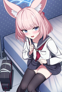 1girl animal_ear_fluff animal_ears bag black_thighhighs blue_archive blue_halo blush clothes_lift commentary_request fox_ears fox_girl halo highres index_finger_raised lifting_own_clothes looking_at_viewer neckerchief niko_(blue_archive) on_bed panties pink_hair sailor_collar school_uniform serafuku shoulder_bag sitting skirt skirt_lift solo thighhighs underwear white_panties yakob_labo