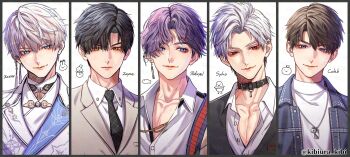 5boys apple bird black_collar black_hair black_necktie blue_eyes brown_eyes brown_hair caleb_(love_and_deepspace) character_name closed_mouth collar collarbone collared_shirt crow denim denim_jacket dog_tags earrings fish food fruit grey_hair grey_jacket hair_between_eyes highres jacket jewelry light_smile love_and_deepspace male_focus multiple_boys necktie parted_bangs portrait purple_eyes purple_hair rabbit rafayel_(love_and_deepspace) red_eyes setuna_kateibu shirt snowman suit_jacket sylus_(love_and_deepspace) tassel tassel_earrings twitter_username upper_body wavy_hair white_shirt xavier_(love_and_deepspace) zayne_(love_and_deepspace)