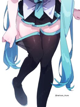 1girl black_thighhighs hatsune_miku highres rarirure_rirure solo thighhighs twintails twitter_username vocaloid white_background