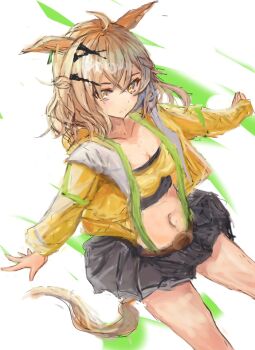 ahoge animal_ears bandeau bare_shoulders barefoot black_skirt braid breasts brown_hair cleavage closed_mouth collarbone commentary_request hair_between_eyes hair_ornament hairclip half_up_braid half_up_half_down_braid horse_ears horse_girl horse_tail jacket jungle_pocket_(champion's_battle_cry)_(umamusume) jungle_pocket_(umamusume) long_sleeves looking_at_viewer medium_breasts medium_hair navel open_clothes skirt stomach suspenders tail umamusume yanagi_wakana yellow_bandeau yellow_eyes yellow_jacket