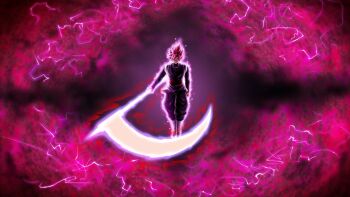 1boy artist_request aura black_dougi black_pants boots crackling_energy dougi dragon_ball dragon_ball_super dragon_ball_xenoverse earrings energy_scythe floating_clothes floating_hair goku_black highres holding holding_scythe jewelry loading_screen looking_at_viewer male_focus muscular muscular_male official_art official_wallpaper pants pink_hair potara_earrings scythe short_hair single_earring solo spiked_hair super_saiyan super_saiyan_rose third-party_source white_boots