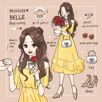 1girl animification beauty_and_the_beast_(disney) belle_(disney) brown_eyes brown_hair contemporary dress earrings jewelry long_hair looking_at_viewer makeup ponytail pslu0423 simple_background smile solo very_long_hair yellow_dress