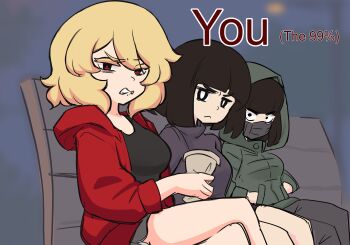 3girls absurdres angry black_tank_top blonde_hair breasts brown_hair centurii-chan centurii-chan_(character) closed_mouth green_hoodie grey_mask grey_shorts hands_in_pockets highres hood hooded_jacket hoodie jacket mask mouth_mask multiple_girls on_bench open_mouth original red_eyes red_jacket shorts sitting tank_top