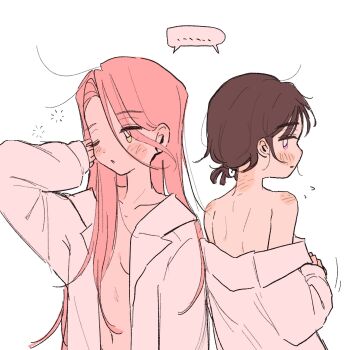 ... 2girls alien_stage black_hair coldmeow highres long_hair loose_hair_strand mizi_(alien_stage) multiple_girls off_shoulder one_eye_closed open_clothes open_shirt pink_hair ponytail purple_eyes shirt short_hair short_ponytail spoken_ellipsis sua_(alien_stage) white_shirt yellow_eyes