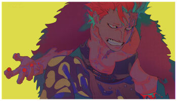 Rule 34 | 1boy, clenched teeth, commentary request, eustass kid, highres, one piece, red eyes, red hair, red nails, scar, scar on face, scar on neck, shiraumi8351, short hair, simple background, solo, teeth, yellow background