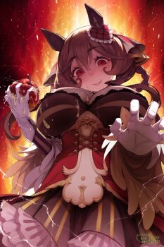 1girl alternate_breast_size_(larger) animal_ears apple apple_juice backlighting blush braid braided_hair_rings breasts brown_hair commission crazy_eyes crazy_smile crushing crushing_food dress ear_covers empty_eyes food from_below fruit gentildonna_(regina_dei_fiori)_(umamusume) gentildonna_(umamusume) gloves hair_between_eyes hair_ornament hair_rings hair_stick hand_up head_tilt heart-shaped_ornament heart_ear_ornament highres holding holding_food holding_fruit horse_ears huge_breasts juice long_sleeves looking_at_viewer looking_down making-of_available orcniteru parted_lips reaching reaching_towards_viewer red_eyes skeb_commission smile solo umamusume wet wet_clothes wet_ground