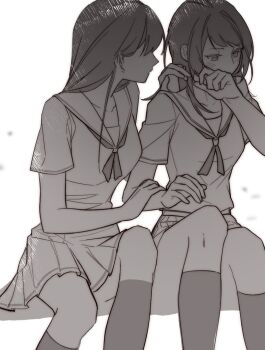 2girls bang_dream! bang_dream!_it&#039;s_mygo!!!!! blush commentary greyscale hand_on_another&#039;s_shoulder hashtag-only_commentary highres kneehighs kwnmiyu long_hair medium_hair monochrome multiple_girls navel pleated_skirt sailor_collar school_uniform serafuku shiina_taki simple_background sitting skirt socks white_background yahata_umiri