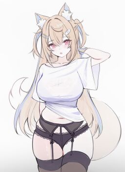 Rule 34 | 1girl, absurdres, animal ears, arm behind back, arm behind head, arm up, bandaid, bandaid hair ornament, black garter belt, black panties, black thighhighs, blonde hair, blue hairband, blue streaks, breasts, commentary, cowboy shot, crossed bangs, dog ears, dog girl, dog tail, double-parted bangs, fake horns, fuwawa abyssgard, garter belt, hair between eyes, hair ornament, hairband, hairclip, highres, hololive, hololive english, horn hairband, horns, koahri, lace, lace-trimmed panties, lace trim, large breasts, long hair, looking at viewer, multicolored hair, navel, no pants, open mouth, panties, parallel hairclips, pink eyes, revision, shirt, simple background, solo, straight-on, streaked hair, t-shirt, tail, thighhighs, two side up, underwear, virtual youtuber, white background, white shirt