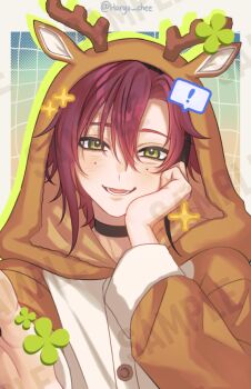 ! 1boy animal_ears antlers black_choker blush brown_hood choker commentary deer_antlers deer_costume deer_ears english_commentary fake_antlers genshin_impact green_eyes haryu_chee hood hood_up horns long_hair long_sleeves male_focus mole mole_under_eye open_mouth red_hair shikanoin_heizou smile solo