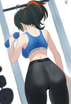 1girl absurdres ahoge alternate_costume ass black_hair black_leggings blue_sports_bra bottle breasts curvy exercising from_behind highres holding holding_bottle huge_ass indoors large_breasts leggings lorddantesito multicolored_hair nape ponytail red_hair shiny_skin solo sports_bra streaked_hair sweat very_sweaty wide_hips zenless_zone_zero zhu_yuan