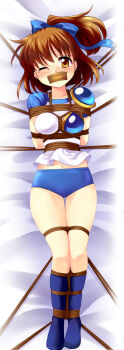 1girl arle_nadja arm_behind_back armor arms_behind_back bdsm blue_buruma bondage bound bound_legs box_tie breast_bondage breasts brown_eyes brown_hair buruma dakimakura_(medium) gag highres improvised_gag loli madou_monogatari no_shows ponytail puyopuyo ribbon rope shibari sweetsprite tape tape_gag tears wince
