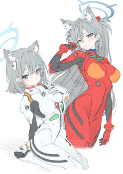 2girls absurdres alternate_costume animal_ear_fluff animal_ears ayanami_rei ayanami_rei_(cosplay) blue_archive blue_eyes blue_halo bodysuit breasts broken_halo closed_mouth commentary cosplay cowboy_shot cross cross_hair_ornament earrings extra_ears grey_hair hair_ornament hairpods halo highres inverted_cross jewelry large_breasts mecha_pilot_suit medium_breasts mismatched_pupils multiple_girls neon_genesis_evangelion plugsuit_(evangelion) red_bodysuit seiza shiroko_(blue_archive) shiroko_terror_(blue_archive) simple_background sitting skin_tight souryuu_asuka_langley souryuu_asuka_langley_(cosplay) split_mouth symbol-only_commentary t1kosewad white_background white_bodysuit wolf_ears wolf_girl