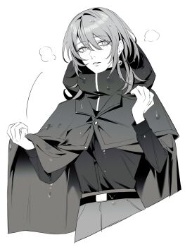 1girl absurdres belt belt_buckle buckle cape_hold chief_(path_to_nowhere) cloak collared_cloak commentary_request cropped_legs diamond_earrings dress_pants dress_shirt earrings eyelashes female_chief_(path_to_nowhere) hair_between_eyes heavy_breathing highres hood hood_down hooded_cloak jewelry lapels long_sleeves motion_lines parted_lips path_to_nowhere peaked_lapels pocket shirt simple_background single_earring solo standing toho10min turtleneck wet white_background