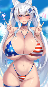 Rule 34 | 1girl, absurdres, american flag, american flag bikini, american flag print, animal collar, animal ears, bare shoulders, bikini, bikini tan, blush, breasts, collar, double v, flag print, flag print bikini, fox, fox ears, fox tail, hair ornament, half-closed eyes, heart, highleg, highleg bikini, highres, huge breasts, kutan, long hair, looking at viewer, mizuki (kutan), navel, open mouth, original, pinwheel hair ornament, print bikini, print swimsuit, purple eyes, smile, solo, spoken heart, string bikini, swimsuit, tail, tan, tanline, thick thighs, thigh strap, thighs, twintails, v, very long hair, wavy mouth, white hair