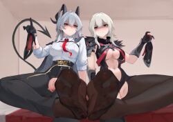 2girls 300_heroes absurdres blush breasts clothing_aside clothing_cutout crotch_cutout crotchless crotchless_pantyhose demon_tail feet foot_focus foot_pussy highres holding holding_shoes holding_unworn_clothes horns kayla_(300_heroes) kuaidou_zero leotard leotard_aside long_hair looking_at_another looking_at_viewer multiple_girls nail_polish no_panties pantyhose pussy red_eyes shaded_face shoes soles tail toes unworn_shoes white_hair wuthering_waves zani_(wuthering_waves)