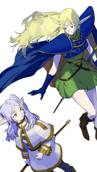 2girls armor blonde_hair blue_cape boots cape circlet closed_mouth crossover deedlit dress earrings elf frieren green_eyes highres jewelry long_hair multiple_girls pauldrons pointy_ears record_of_lodoss_war shoulder_armor simple_background smile sousou_no_frieren sword tombiiwa very_long_hair weapon white_background
