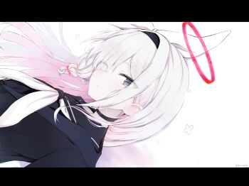 1girl absurdres black_choker black_eyes black_hairband black_sailor_collar black_serafuku blue_archive blush braid choker colored_inner_hair hair_over_one_eye hairband halo highres long_hair looking_at_viewer multicolored_hair neckerchief pink_hair plana_(blue_archive) red_halo sailor_collar sakurano_rocco school_uniform serafuku side_braid single_braid skirt solo upper_body white_hair white_neckerchief