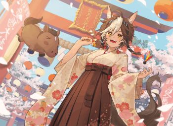 Rule 34 | ahoge, alternate costume, animal ears, brown eyes, brown hair, brown hakama, brown kimono, brown tail, cherry blossoms, commentary, commission, day, english commentary, hair between eyes, hakama, hakama skirt, highres, horse ears, horse girl, horse tail, indie virtual youtuber, japanese clothes, kimono, lantern, long sleeves, looking at viewer, open mouth, outdoors, paper lantern, second-party source, short hair, skeb commission, skirt, smile, standing, tail, takamiya so, teeth, tomoe umari, tongue, tree, umarmy (tomoe umari), virtual youtuber, wide sleeves