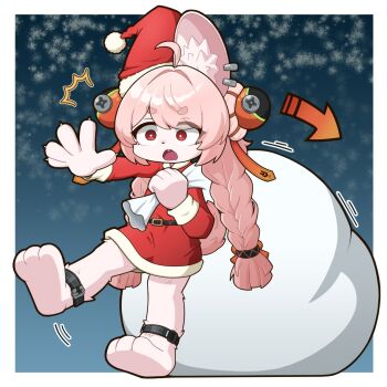 1girl ^^^ ahoge alternate_costume animal_ear_fluff animal_ear_piercing animal_ears animal_feet anklet arrow_(symbol) benis_zzz braid braided_twintails bright_pupils commentary dress ear_covers full_body fur-trimmed_dress fur-trimmed_headwear fur_trim furry furry_female hat highres holding holding_sack jewelry long_hair motion_lines open_mouth pink_fur pink_hair pom_pom_(clothes) rabbit_ears rabbit_girl rabbit_tail red_dress red_eyes sack santa_costume santa_dress santa_hat screw short_eyebrows single_ear_cover solo symbol-only_commentary tail thick_eyebrows white_pupils zenless_zone_zero zhao_(zenless_zone_zero)