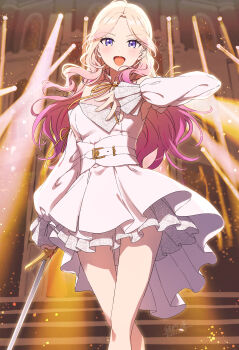 Rule 34 | 1girl, absurdres, ayano yuu (sonma 1426), blonde hair, blush, commentary request, dated, dress, gakuen idolmaster, gradient hair, highres, holding, holding sword, holding weapon, idolmaster, juo sena, long hair, long sleeves, looking at viewer, multicolored hair, official alternate costume, open mouth, pink hair, purple eyes, signature, smile, solo, stage lights, sword, tiny ambition (idolmaster), two-tone hair, weapon, white dress