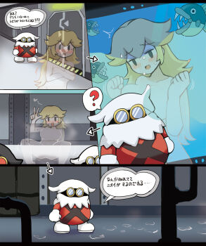 1girl ? accidental_pervert ahoge anus armpits artist_request ass bare_arms barefoot between_breasts blonde_hair blue_eyes blush breasts clenched_hand collarbone comic completely_nude covering_breasts covering_privates embarrassed exhibitionism eyelashes feet female_focus female_pervert footprints full_body groin hand_up hands_up heart height_difference highres invisible japanese_text legs long_hair mario_(series) medium_breasts motion_lines navel neck nervous_sweating nibbles_(mario) nintendo nipples nude open_mouth paizuri paper_mario paper_mario:_the_thousand-year_door parted_bangs pervert princess_peach public_indecency public_nudity sitting spoken_question_mark spread_legs standing steaming_body sweat thighs translation_request v walking x-naut