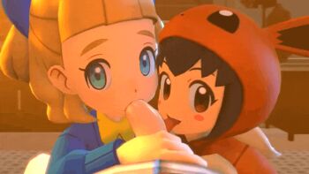 1boy 2girls 3d animal_ears animated animated_gif black_hair blinking blonde_hair blue_eyes blunt_bangs blush blush_stickers brown_eyes clothed_sex cooperative_fellatio cosplay eevee eevee_(cosplay) fellatio ffm_threesome gen_1_pokemon group_sex jinouga97 loli multiple_girls nintendo oral penis poke_kid_(pokemon) pokemon pokemon_swsh pov ribbon schoolgirl_(pokemon) source_request teamwork_(sexual) threesome uncensored