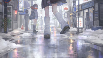 2girls bag bag_charm black_bag black_hair black_jacket black_shoes black_skirt black_socks blue_skirt catzz charm_(object) chinese_commentary city commentary_request covered_mouth full_body hands_in_pockets highres jacket kneehighs leg_warmers loafers looking_at_another lower_body miniskirt multiple_girls open_clothes open_jacket original outdoors people pleated_skirt power_lines red_scarf road scarf scenery shoes short_hair shoulder_bag skirt snow socks storefront street traffic_light urban utility_pole white_leg_warmers