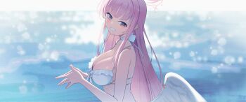 1girl :d absurdres angel_wings back bare_shoulders bikini blue_archive blunt_bangs blurry bokeh breasts choker cleavage day depth_of_field feathered_wings frilled_bikini frills from_side front-tie_bikini_top front-tie_top gradient_halo halo hand_up highres large_breasts long_hair looking_at_viewer low_wings mika_(blue_archive) mika_(swimsuit)_(blue_archive) multi-strapped_bikini_bottom multi-strapped_bikini_top multicolored_halo ocean official_alternate_costume official_alternate_hairstyle open_mouth outdoors own_hands_together pink_hair pink_halo rafrog ribbon_choker sidelocks smile solo stomach sunlight swimsuit upper_body very_long_hair white_bikini white_choker white_wings wing_ornament wings yellow_eyes