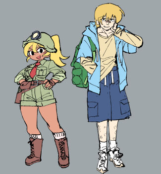 1boy 1girl backpack bag baggy_shorts bandaid bandaid_on_face bandaid_on_nose belt_pouch blonde_hair blue_jacket blue_shorts blush_stickers boots breast_pocket brown_boots brown_gloves commentary dark-skinned_female dark_skin english_commentary facial_hair fang fingerless_gloves full_body gloves goatee_stubble goombella green_bag grey_background hand_in_pocket hand_on_own_neck hard_hat headlamp helmet highres hood hooded_jacket jacket kaibootsu knee_boots koops layered_sleeves leg_hair long_sleeves looking_at_viewer mario_(series) mining_helmet necktie nintendo open_mouth paper_mario paper_mario:_the_thousand-year_door parted_lips personification pocket ponytail pouch red_necktie satchel shirt shoes short_hair short_jumpsuit short_over_long_sleeves short_sleeves shorts simple_background smile sneakers standing stubble tan v-shaped_eyebrows white_shoes yellow_shirt