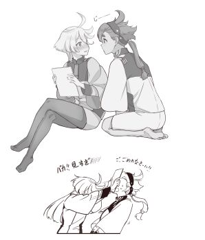 2girls absurdres ahoge asticassia_school_uniform barefoot blush commentary_request crossed_legs embarrassed eye_contact feet gundam gundam_suisei_no_majo hairband highres holding holding_tablet_pc long_hair looking_at_another miorine_rembran monochrome multiple_girls no_shoes pantyhose ponytail school_uniform seiza simple_background sitting soles spoon_(tamakakama) staring suletta_mercury tablet_pc toes translation_request white_background yuri