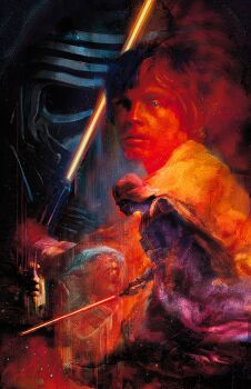 4boys abstract_background armor artist_name beard black_cape blonde_hair brown_hair brown_robe cape commentary darth_vader double_exposure energy_sword english_commentary facial_hair galactic_empire_(star_wars) gloves green_lightsaber helmet highres holding holding_sword holding_weapon hood jedi kylo_ren lightsaber luke_skywalker male_focus mask multiple_boys obi-wan_kenobi painting_(medium) red_lightsaber robe science_fiction short_hair signature sith star_wars sword traditional_media viktor_farro weapon western_comics_(style)