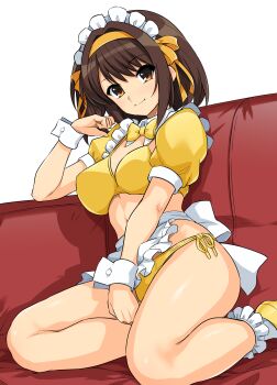 1girl absurdres alternate_costume apron bikini breasts brown_eyes brown_hair commentary_request couch cropped_shirt hair_ribbon hairband haruhisky highres large_breasts looking_at_viewer maid maid_bikini navel on_couch puffy_short_sleeves puffy_sleeves ribbon shirt short_hair short_sleeves side-tie_bikini_bottom simple_background sitting solo stomach suzumiya_haruhi suzumiya_haruhi_no_yuuutsu swimsuit thighs unconventional_maid waist_apron white_background yellow_bikini yellow_hairband yellow_ribbon yellow_shirt