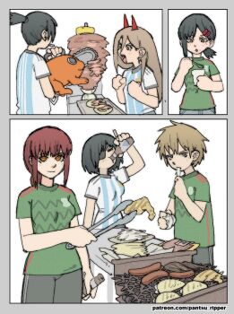 2022_fifa_world_cup 2girls 4girls alcohol animal argentina argentinian_flag argentinian_flag_print beer beer_bottle blonde_hair braid braided_ponytail chainsaw chainsaw_man cigarette closed_eyes cooking denji_(chainsaw_man) drink eating eyepatch flag_print food green_shirt grill grilling hair_ornament hairclip hayakawa_aki higashiyama_kobeni himeno_(chainsaw_man) holding holding_animal holding_cigarette holding_tongs holding_weapon horns light_smile long_hair looking_at_another looking_at_viewer looking_down looking_to_the_side makima_(chainsaw_man) meat medium_hair meme mexico multiple_girls open_mouth orange_eyes pantsu-ripper pochita_(chainsaw_man) ponytail power_(chainsaw_man) red_hair red_horns rotisserie saudi_arabia sharp_teeth shirt short_hair short_ponytail sidelocks simple_background single_sidelock smoking spiked_hair striped_clothes striped_shirt teeth tongs topknot vertical-striped_clothes vertical-striped_shirt vertical_rotisserie weapon white_background white_shirt world_cup