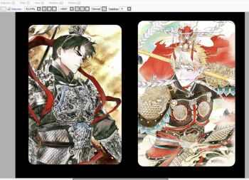 2boys alternate_costume arm_guards armor art_program_in_frame black_hair black_shirt blonde_hair breastplate cape demon_horns grin hair_ornament holding holding_staff horns kim_dokja male_focus multiple_boys narrowed_eyes official_alternate_costume omniscient_reader&#039;s_viewpoint red_cape red_sash sash screencap shirt short_hair shoulder_armor smile staff sun_wukong_(omniscient_reader&#039;s_viewpoint) toupou39 upper_body white_sash yellow_eyes yoo_joonghyuk